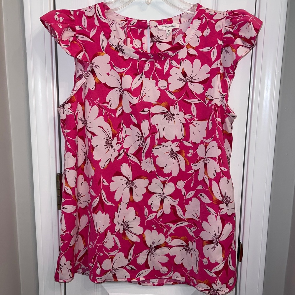 Cotton Bleu Womens Pink Floral Flutter Sleeve Blouse Top Size M Feminine Cute!